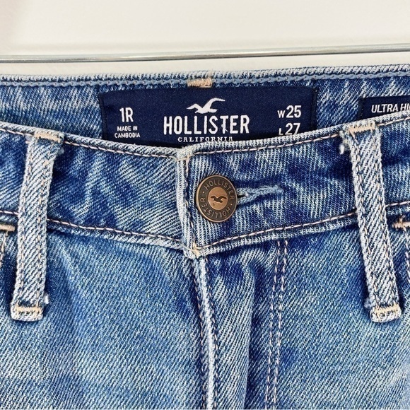 Hollister 25‎ Ultra High Rise Mom Jeans Distressed Raw Step Hem Straight Leg - Picture 7 of 9